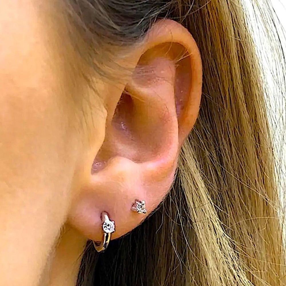 Sterling Silver Diamond Hoop Huggie Minimalist Earrings